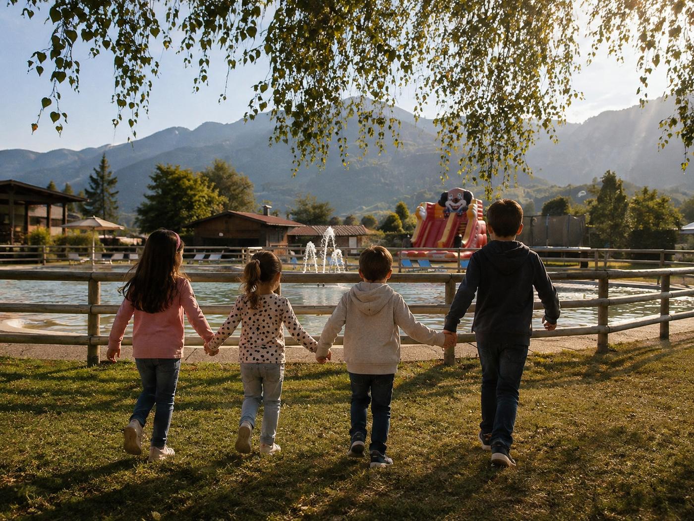 Los cuatro hijos de las dos familias, de espaldas y cogidos de la mano, junto a un lago.